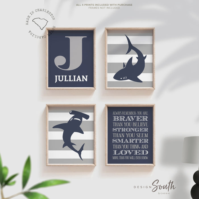 Boys navy blue and gray shark room decor, boys wall art, big boy bedroom, boys shark bedroom personalized name, shark nursery, shark decor