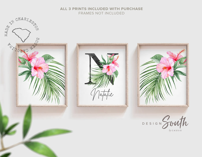 Hot pink floral nursery decor, wall art for girls room tropical hot pink, green palms and pink, little girl bedroom personalized name,
