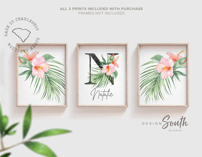 Girl nursery decor, palm leaf tropical theme nursery art, coral tropics botanical baby girl wall, palm nursery decor, pink tropical decor