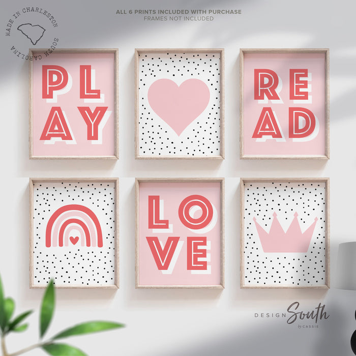 Girl reading wall art love books, pink bedroom art baby, little girl wall art hearts rainbows, sisters sibling playroom decor, pink playroom