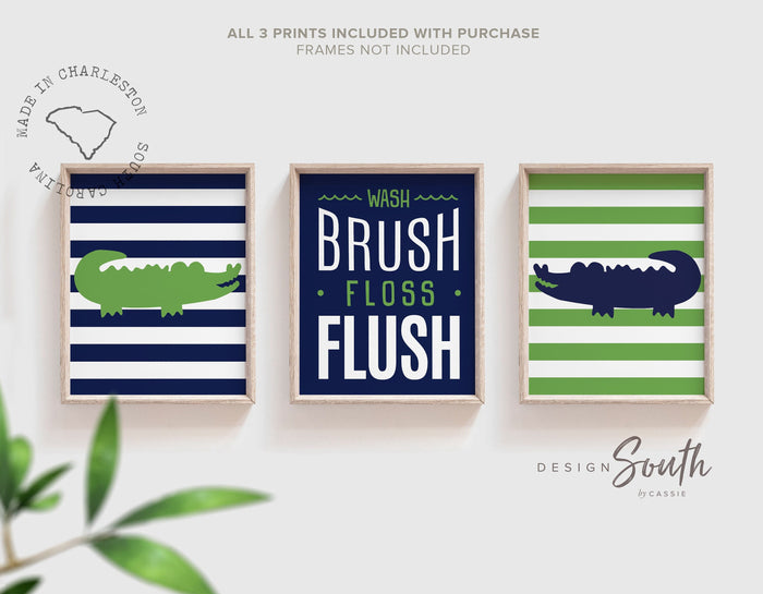 Little boy bathroom decor, gator bathroom, navy blue and green alligator bathroom, boys bathroom decor, wash brush floss flush, alligators