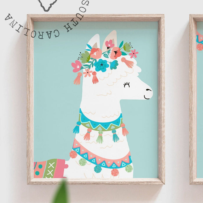 Boho nursery prints, cactus llama nursery decor, wall art prints for girls room, personalized name coral aqua gift, llama alpaca decorations