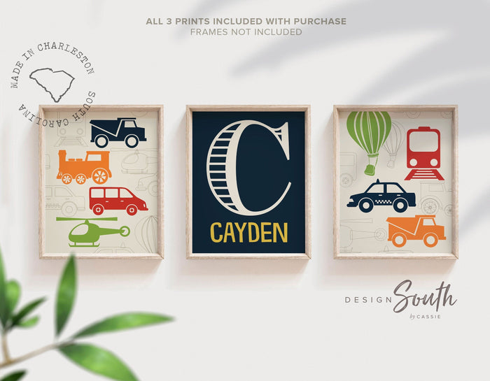 Transportation nursery decor, navy, red, green, orange, name print, transportation prints, helicopter, transportation nursery, train, trucks