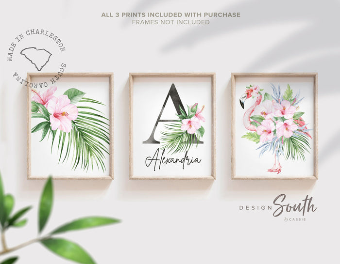 Girl nursery decor, flamingo tropical leaves nursery art, jungle theme botanical baby girl wall, coastal nursery decor, pink tropical decor