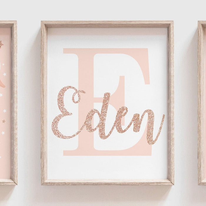 Rose gold name, swan nursery name, baby shower gift, baby girl wall art, blush and rose gold, initial print, custom name, rose gold nursery