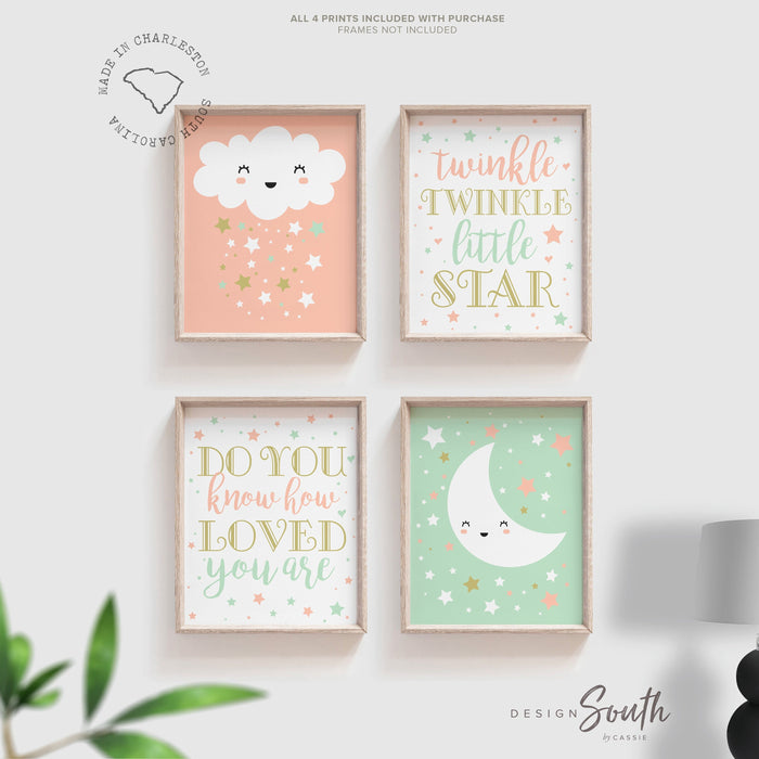 Mint peach and gold nursery, baby girl mint, baby girl peach, gold and peach, moon and stars, star nursery, baby star art, baby star decor