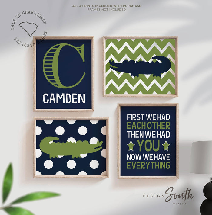 Baby boy alligator nursery wall decor, alligator theme bedroom, quote for boys, personalized name print, navy blue and green boys room art