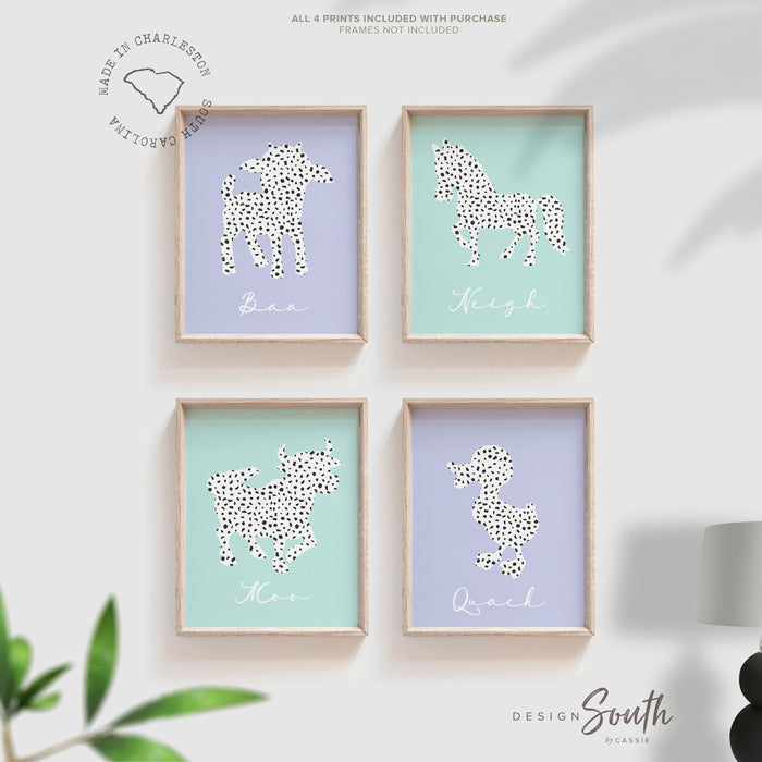 Purple and mint farm nursery art prints, girls farm animal nursery decor, baby shower gift for girl farm theme, farmhouse kid's room ideas