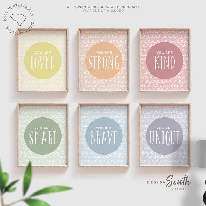 Kid pastel bedroom wall decor, boy or girl playroom, art for children, playroom prints, you are strong brave smart kind unique loved quotes