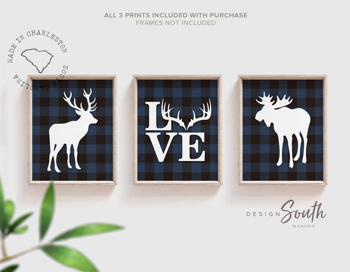 Blue lumberjack nursery decor, woodland baby boy above crib art set, deer and moose pictures, navy blue deer moose buffalo check plaid decor