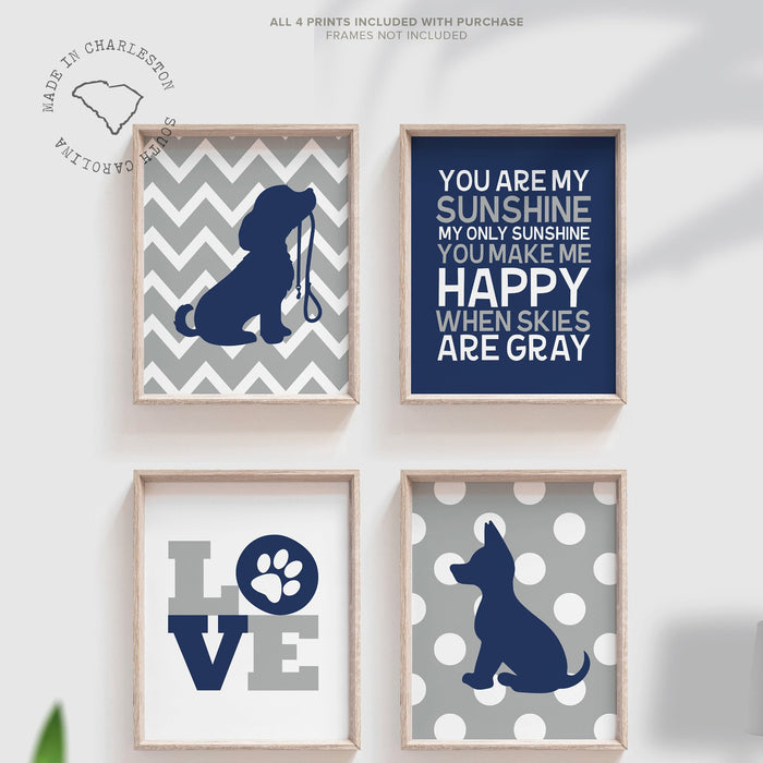 Baby boys nursery decor, puppy dog decor, navy, gray, you are my sunshine, puppy prints, dog nursery theme, wall art, boys, german shepherd
