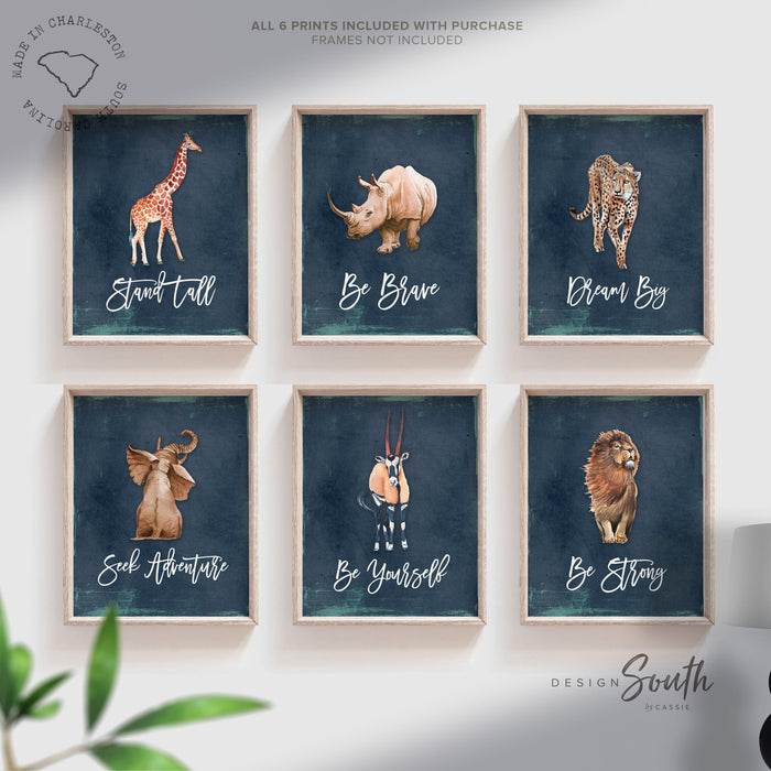 Navy blue nursery art for boy, navy blue playroom wall art, toddler boy room themes, boy jungle animal nursery art, nursery giraffe elephant