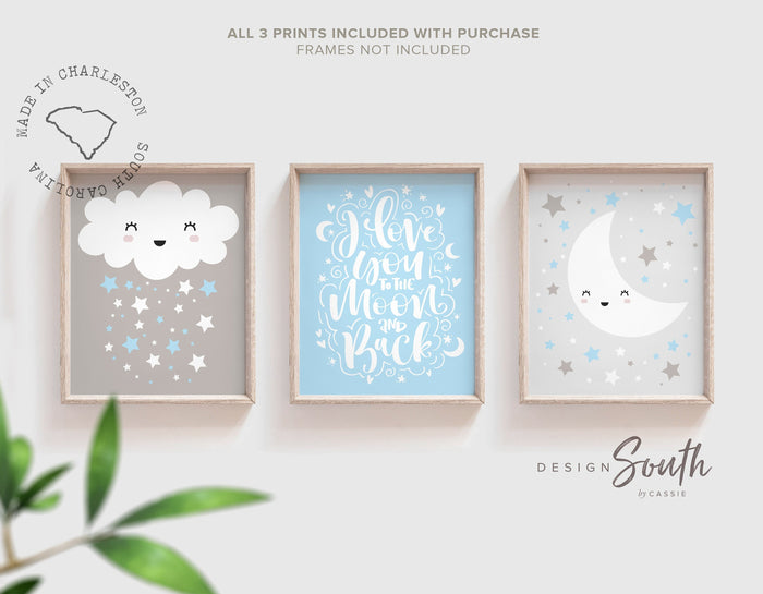 Moon and star nursery for boys, i love you to the moon, baby blue and gray boys nursery, moon wall art, star wall art, nursery cloud decor