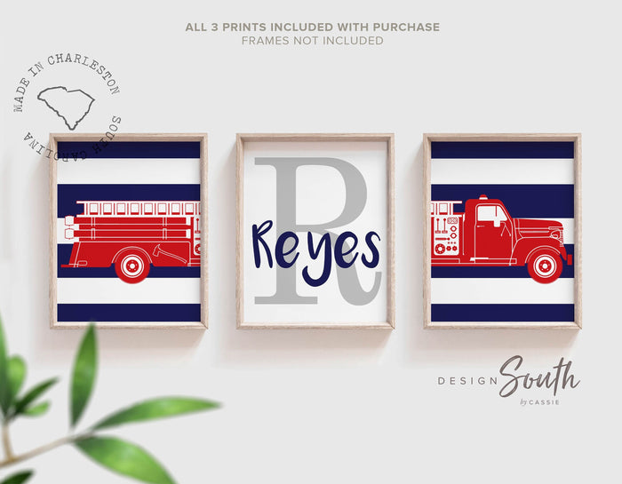 Fire truck boys bedroom theme decor, firefighter nursery art, navy blue and red firetruck art, boy firetruck decor, boy wall art firefighter