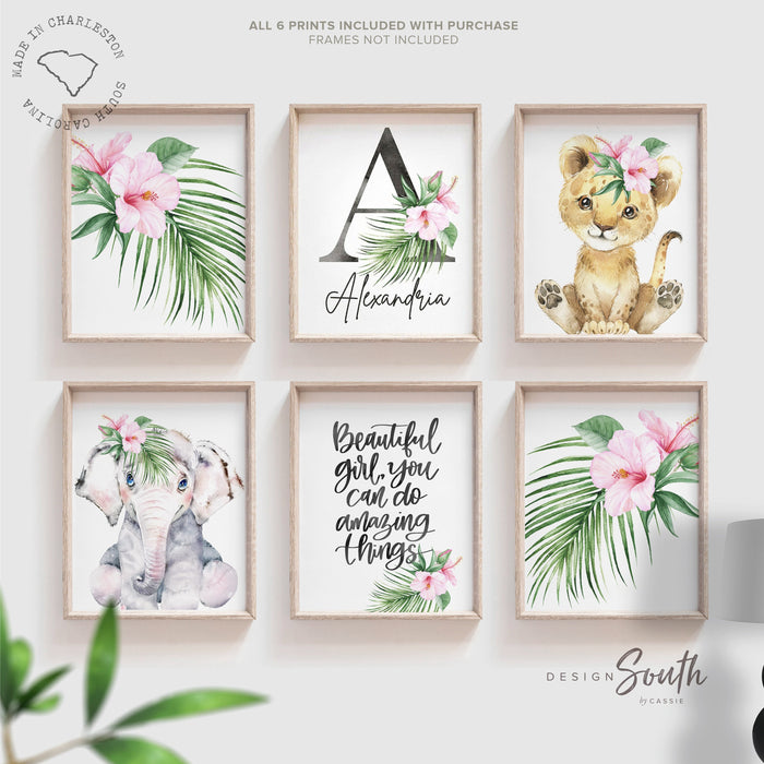 Elephant nursery art for girl, animals pink flower elephant baby cub nursery decor, girl floral tropical pink green room decor, girl bedroom