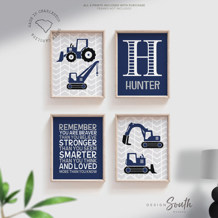 Construction prints, trucks, construction nursery, digger, bulldozer, boys nursery decor, gray, navy blue, art prints, boys construction