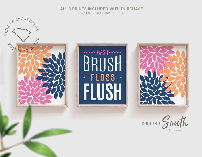 Girls pink and orange bathroom, wall art for girl bathroom pink orange blue, dahlia baby art, little girls bathroom ideas, pink orange kids
