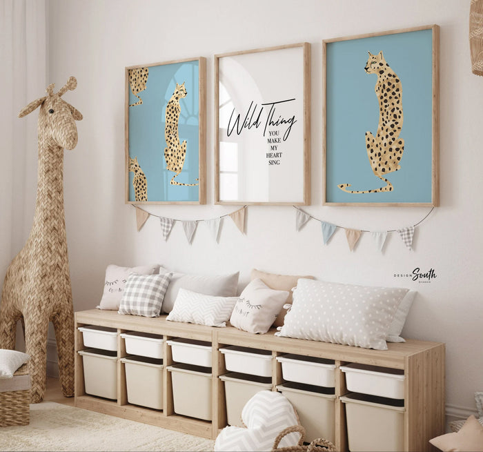 Blue leopard cheetah prints, blue jungle cheetah, boy safari nursery art wild thing quote, unisex cheetah art, boho jungle blue vintage art