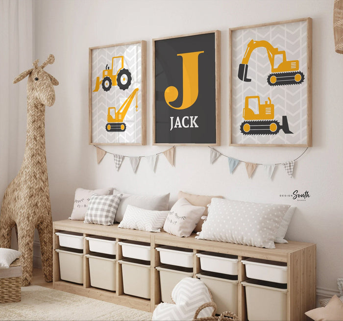 Gray construction nursery trucks, boy construction wall art, yellow gray dump truck theme decor, big boy construction room personalized name