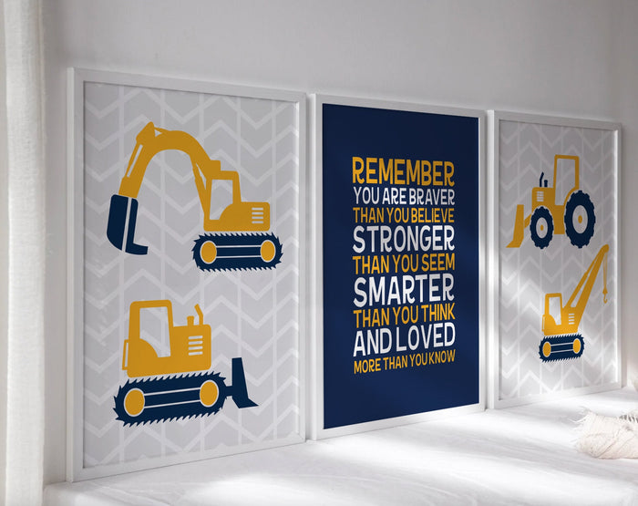 Tractors Trucks & Toys Theres Nothing Quite Like Little Boys, Remember You Are Braver, digger art print, construction trucks room wall decor
