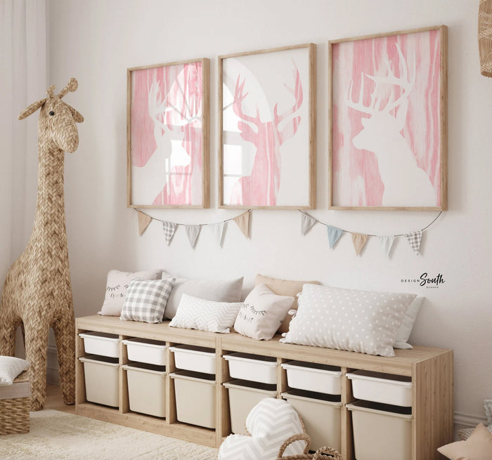 Pink deer antler theme nursery, signs over the crib pink deer, trendy deer head art decor girl, pink buck deer woodland, girls hunting decor