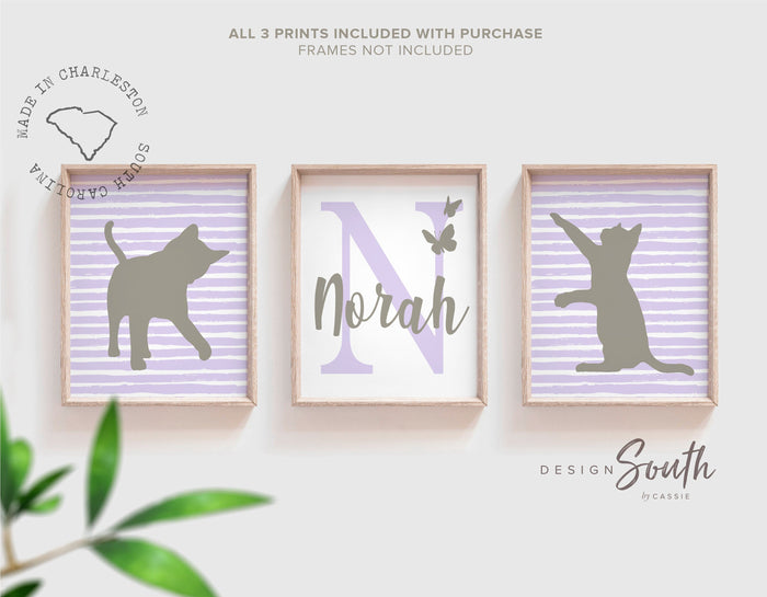 Kitten art print for nursery, little girl's room kitten decor accessories, lilac purple and gray, cat girl room, kitten posters personalized