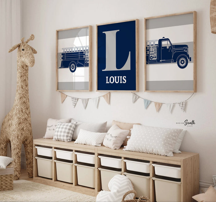 Fire truck nursery decor, little firefighter gift, navy firetruck art, firetruck theme, boys firetruck decor, boy wall art firefighter gift