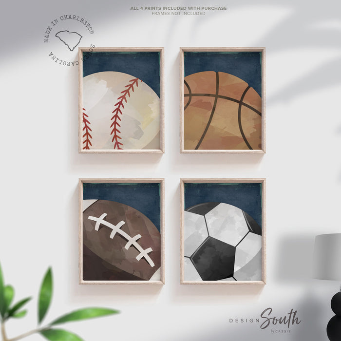 Set of 4 sports balls navy blue wall print, sports baby nursery or little boy's room, all sports sporty gift baby shower, toddler sports art