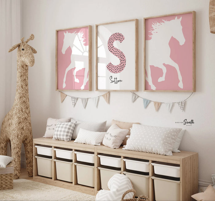 Horse girl nursery, horse girl room art, farm nursery decor, girl horse nursery theme, horse gift for girl, farm pony race girly room art