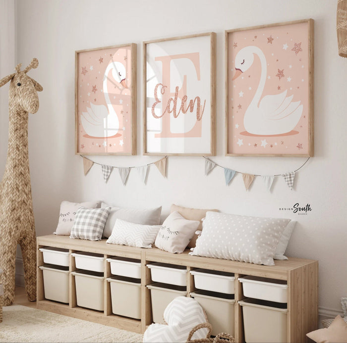 Rose gold name, swan nursery name, baby shower gift, baby girl wall art, blush and rose gold, initial print, custom name, rose gold nursery