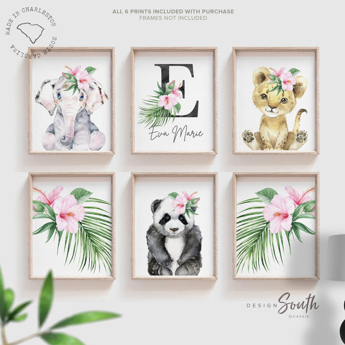 Girl nursery decor animals flowers, cute animals lion cub elephant panda print set girl baby room, animal girl gallery wall gift tropical
