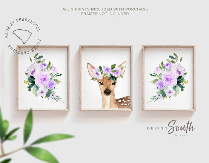 Lilac Fawn Nursery Art Prints: Baby Girl Woodland Decor