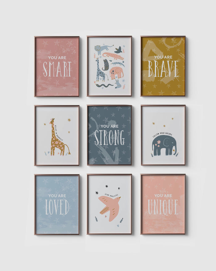 Pink animals little girl room, pink giraffe elephant fox safari jungle animals wall art set, girl bedroom decor, girl's modern pink nursery