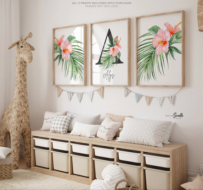 Girl nursery decor, palm leaf tropical theme nursery art, coral tropics botanical baby girl wall, palm nursery decor, pink tropical decor