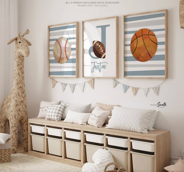 Stripes boys room decor, sports themed prints personalized, sports baby shower gift, gray striped sports art print, sports baby boy room art