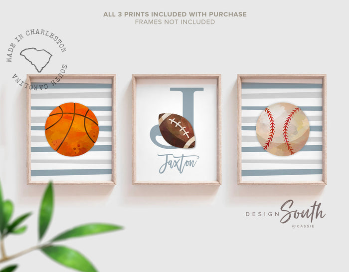 Stripes boys room decor, sports themed prints personalized, sports baby shower gift, gray striped sports art print, sports baby boy room art