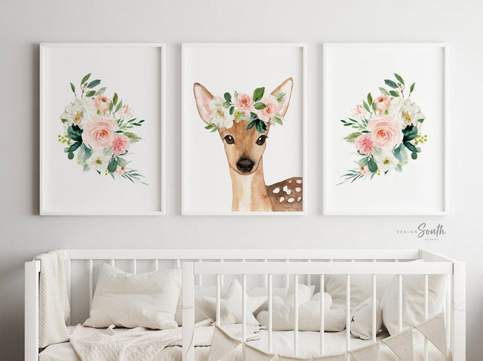 Blush Pink Fawn Nursery Decor — Girls' Woodland Deer Art