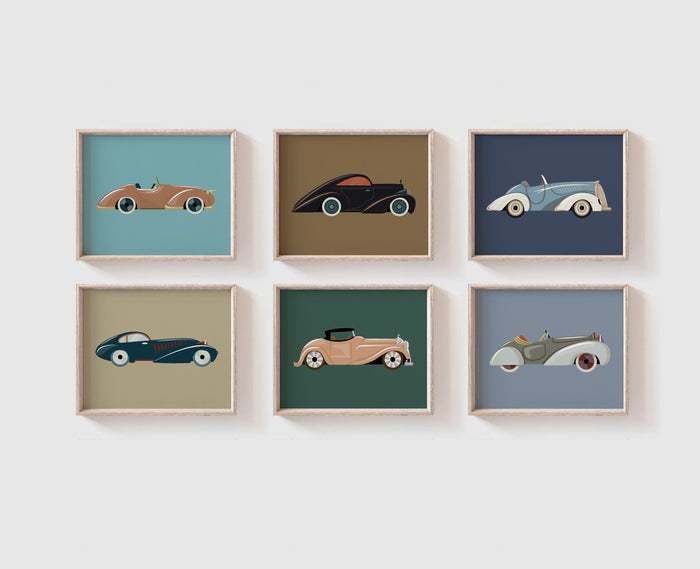 Retro kids transportation wall art print set, classic car themed boys room, decor antique retro old cars decor, little boys room decor cars