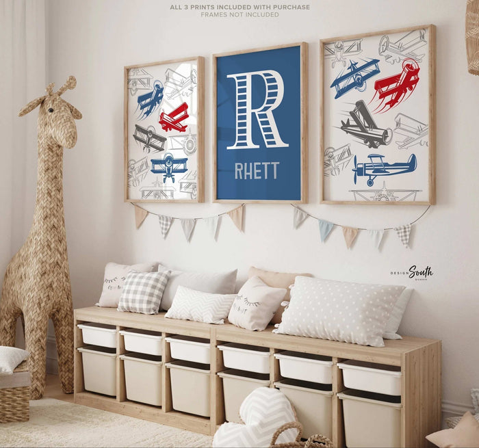 Blue and red airplane aviation flight nursery wall art, airplane baby decor, planes boy nursery, flying planes boys bedroom red and blue kid