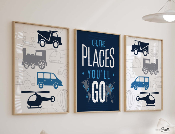 Transportation boys room wall art cars trains helicopter, navy blue and gray cars, boy bedroom decor, car bedroom boy, car decor boy room