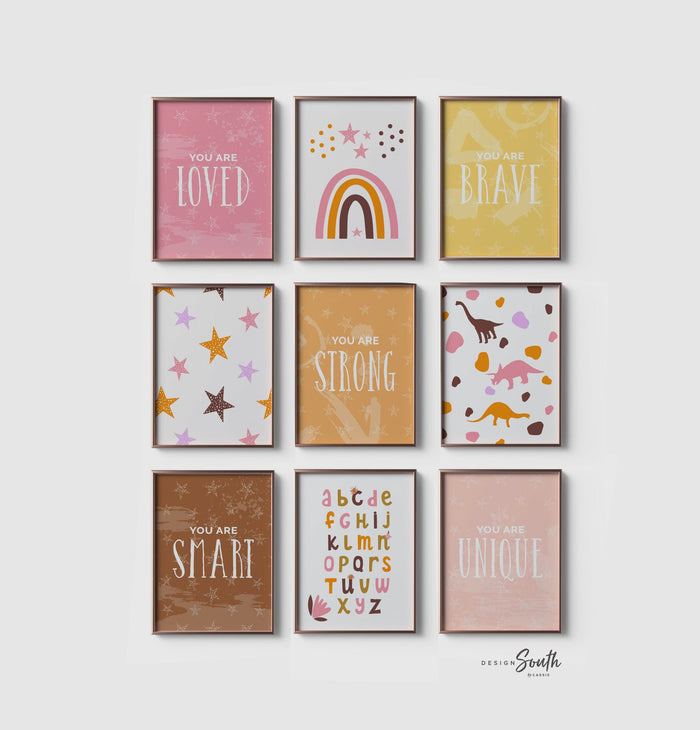 Girl room art, set of 9, girls bedroom wall decor, pink wall art, gift for girls, pink bedroom wall art prints, star rainbow quotes girl art