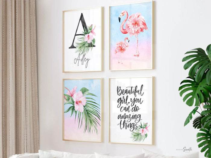 Beautiful girl you can do amazing things quote art print, pink nursery quote baby girl flamingo wall art, tropical pink baby decor flamingo