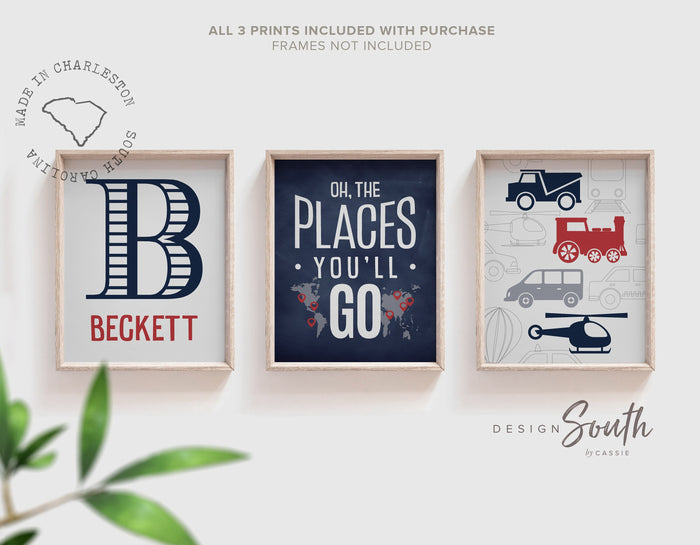 Transportation theme for boys nursery or bedroom, personalized name print for boys, oh the places you'll go, blue, red and green print, art