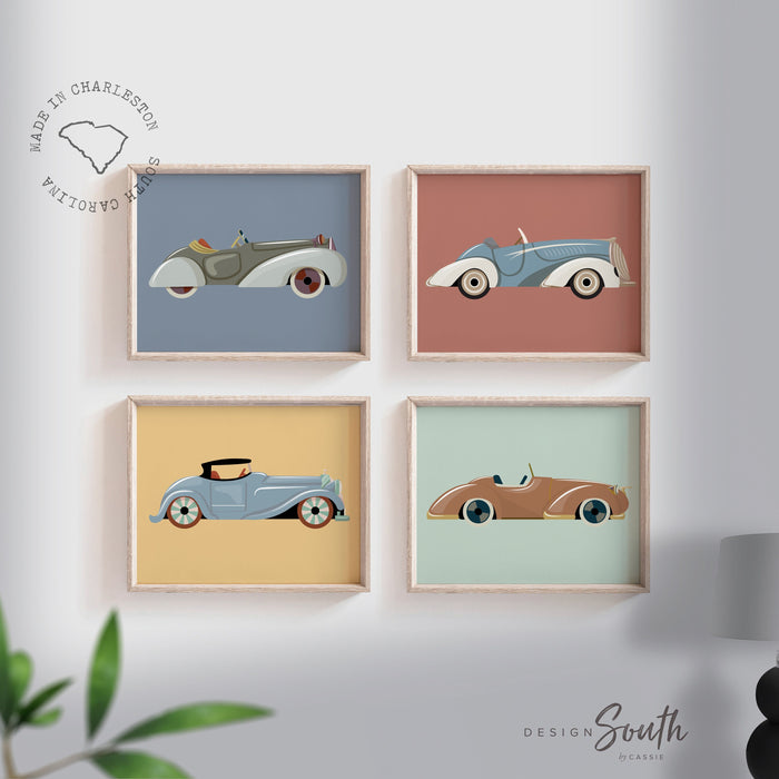 Vintage car collection, vintage car nursery, car art prints, set of 4 car prints, classic car wall art for nursery, boy bedroom car themed