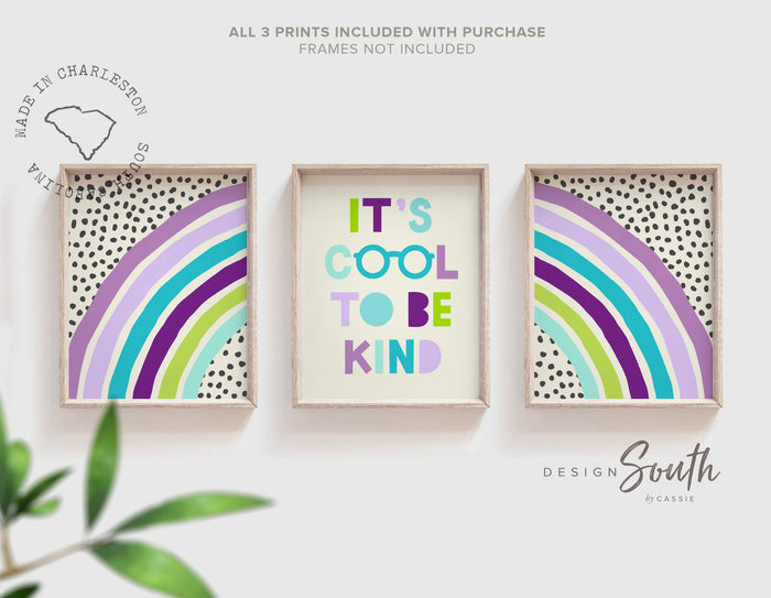 It's cool to be kind, kids wall art quote saying cool to be kind, colorful bright playroom art, bright playroom decor kindness affirmation