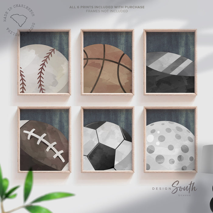 Set of 6 industrial collection kids room sports decor, modern sports nursery art, industrial kids playroom decor, gift for boy sports theme