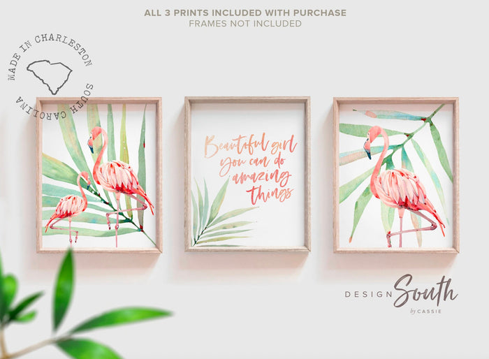 Beautiful girl you can do amazing things, tropical palm flamingo nursery, above crib tropical theme, flamingo nursery pink green wall prints