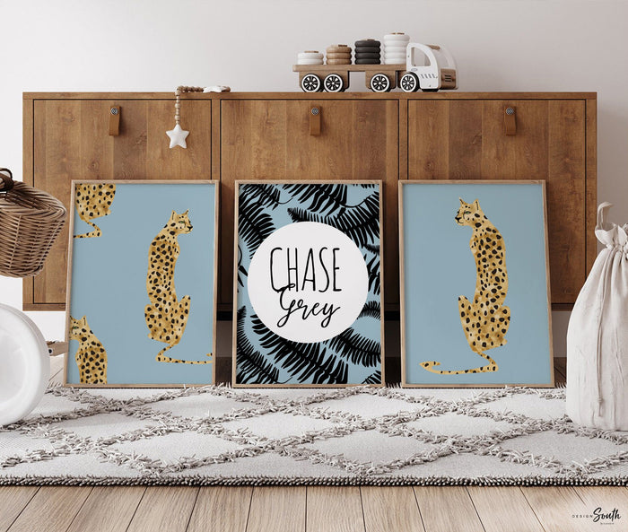 Baby Blue Cheetah Nursery Art — Personalized Safari Prints