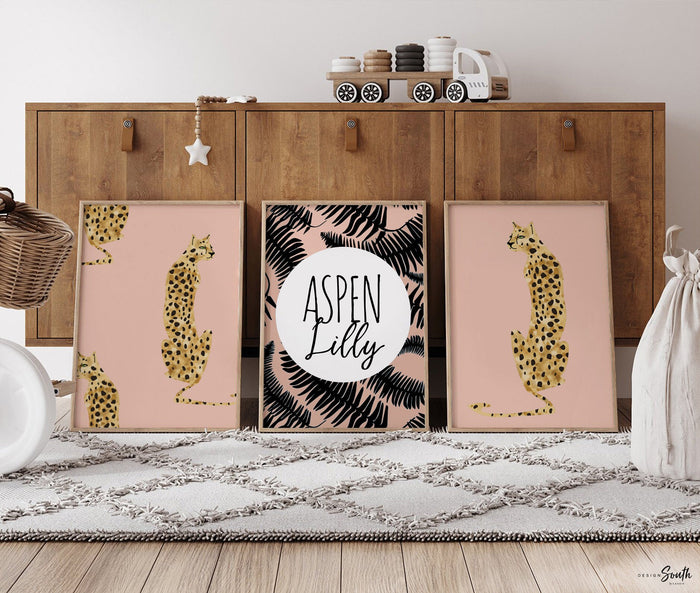 Boho wall decor, safari animal art, personalized nursery safari print set, pink cheetah leopard, baby girl modern nursery, tropical girl art