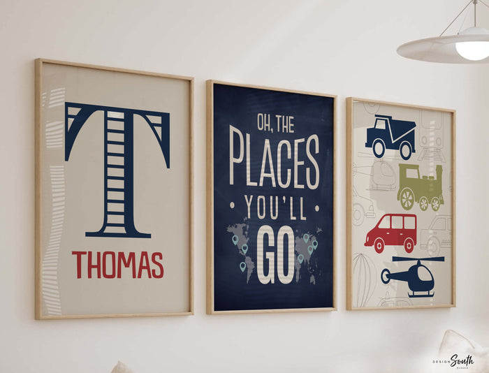 Transportation theme for boys nursery or bedroom, personalized name print for boys, oh the places you'll go, blue, red and green print, art